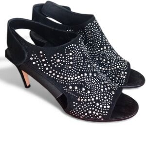 VANELI Beaded Bling Velvet Open Toe Black High Heels Velcro Strap Size 8 Narrow